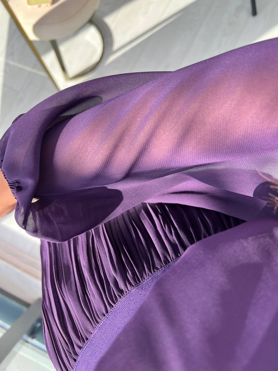 Tasarım Mürdüm Şifon Astarlı ince Piliseli Elbise