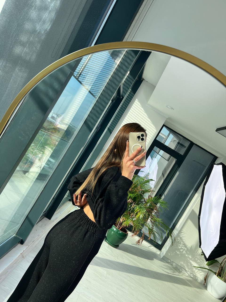 Siyah Parıltılı Fitilli örme Kumaş Takım