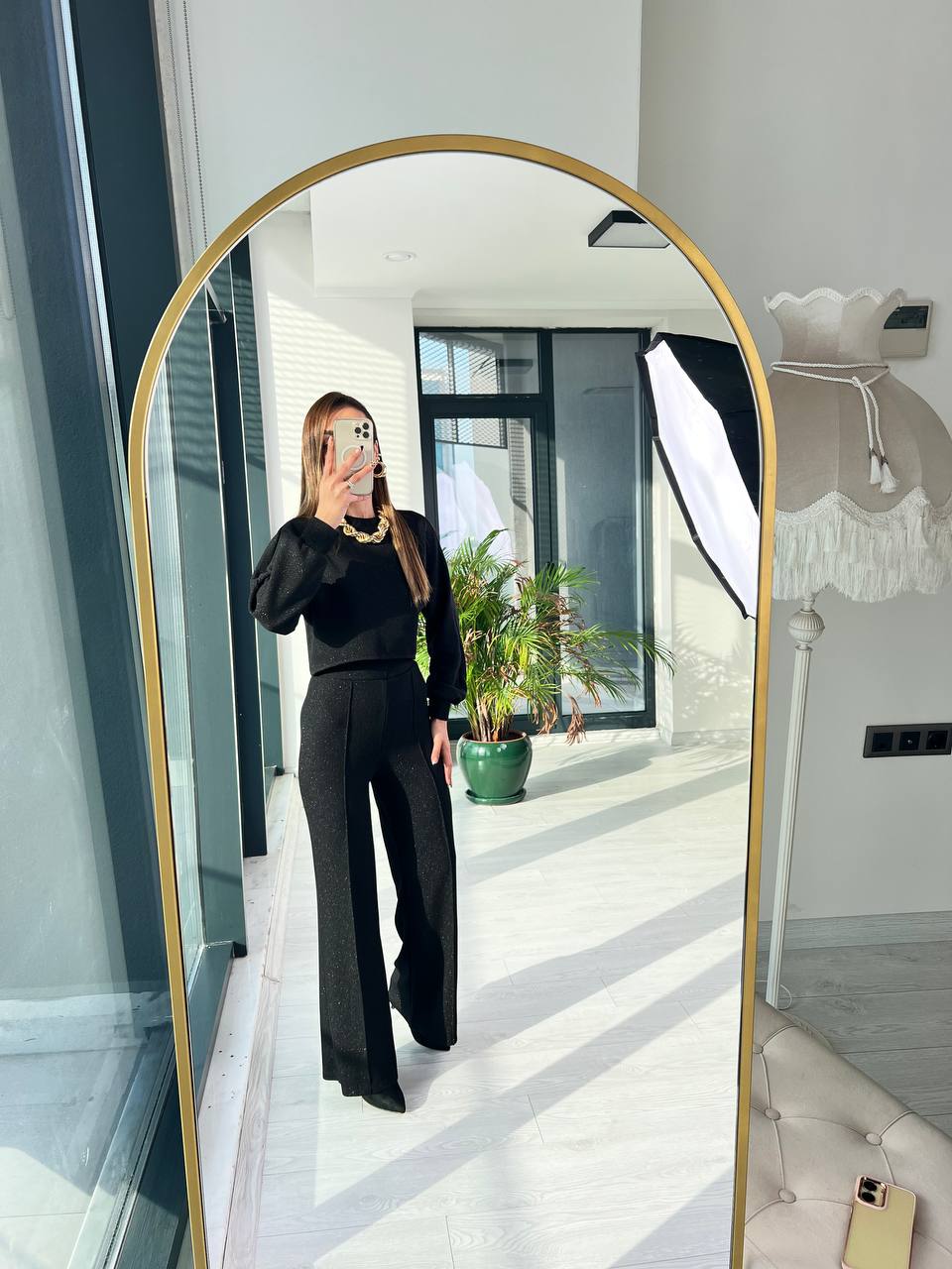 Siyah Parıltılı Fitilli örme Kumaş Takım