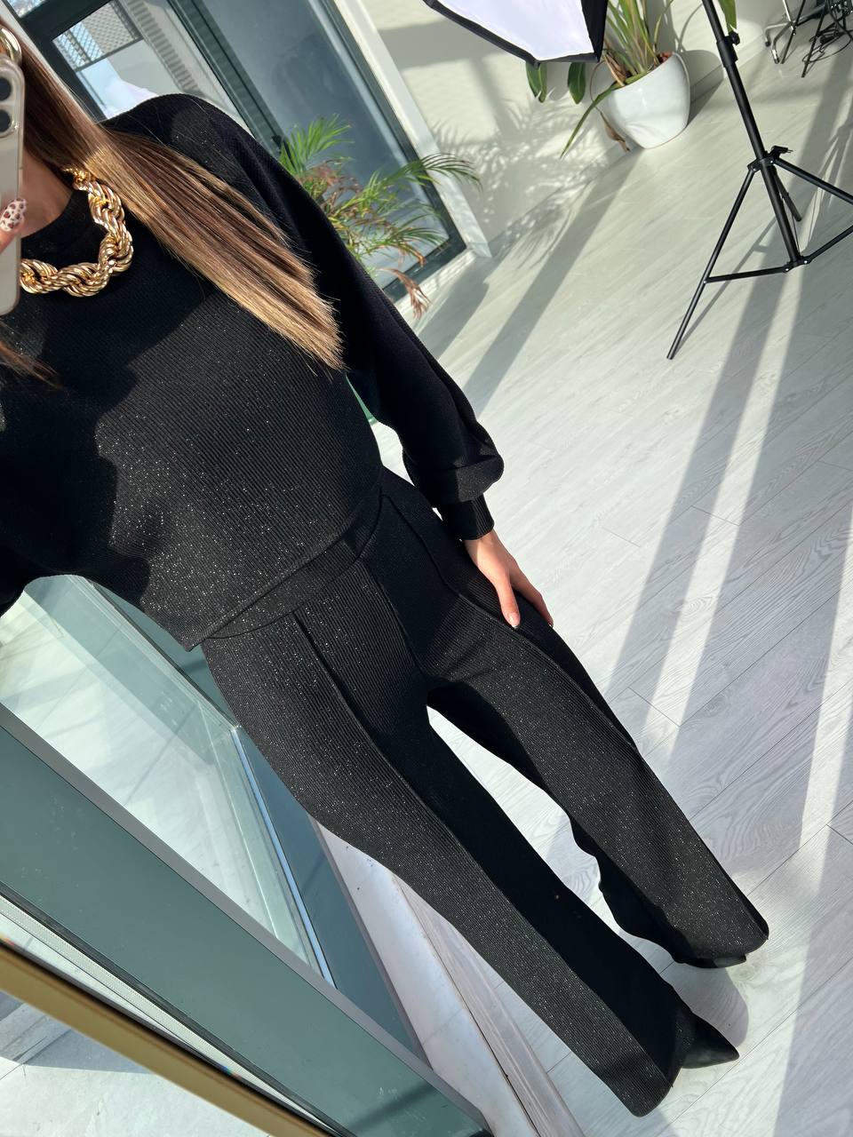 Siyah Parıltılı Fitilli örme Kumaş Takım