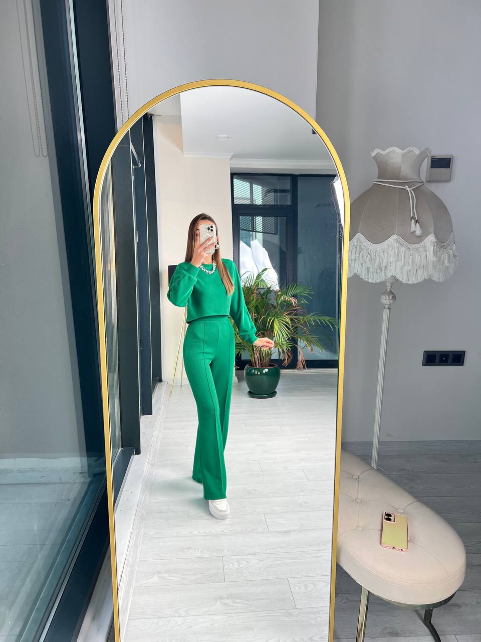  Yeşil  Parıltılı Fitilli örme Kumaş Takım