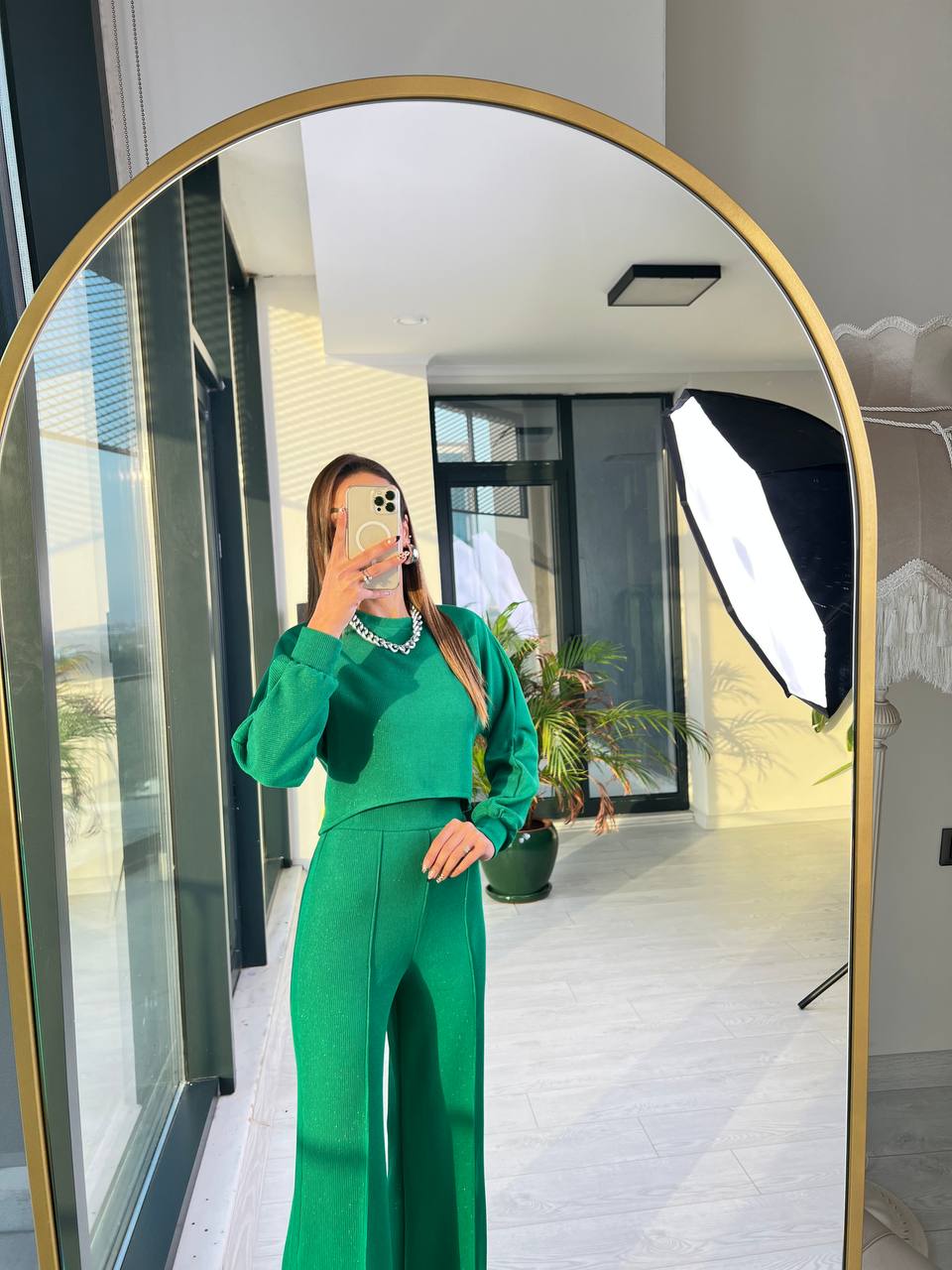  Yeşil  Parıltılı Fitilli örme Kumaş Takım