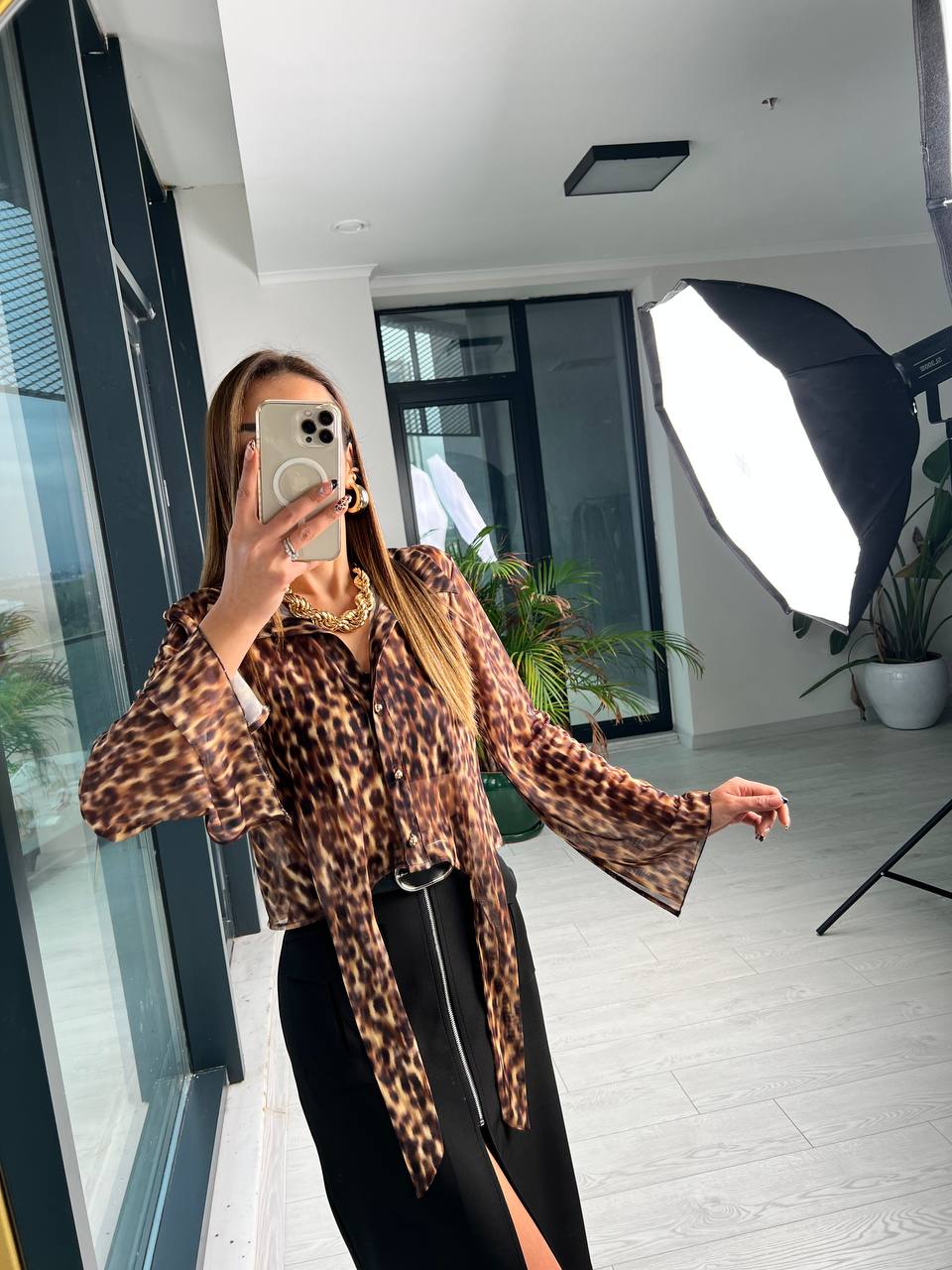 Leopar Desen Bağlamalı Tül Bluz