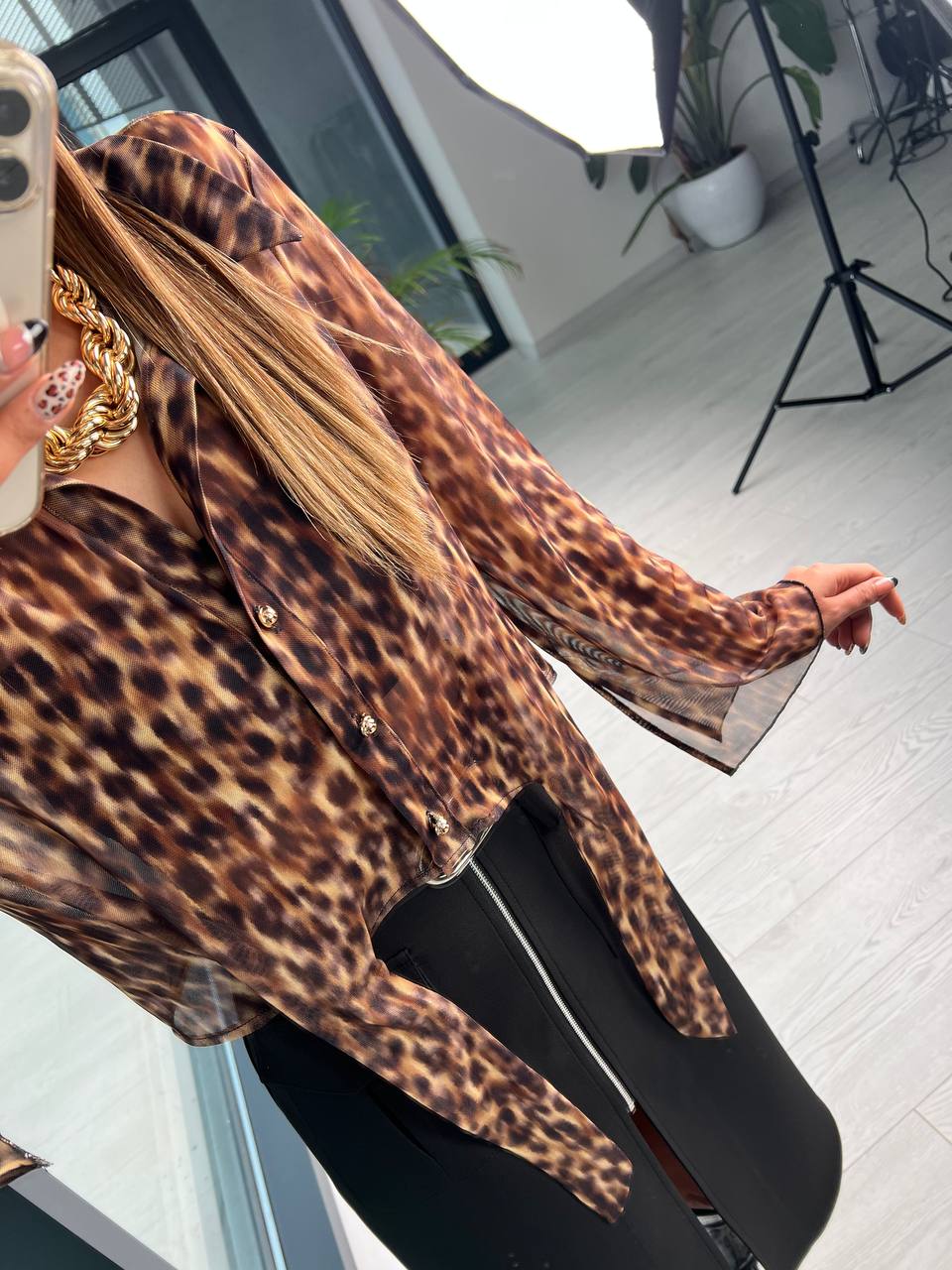 Leopar Desen Bağlamalı Tül Bluz