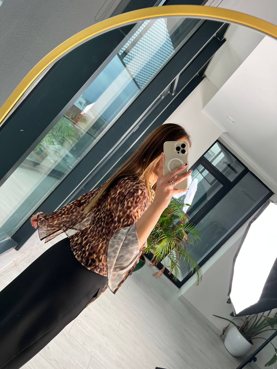 Leopar Desen Bağlamalı Tül Bluz
