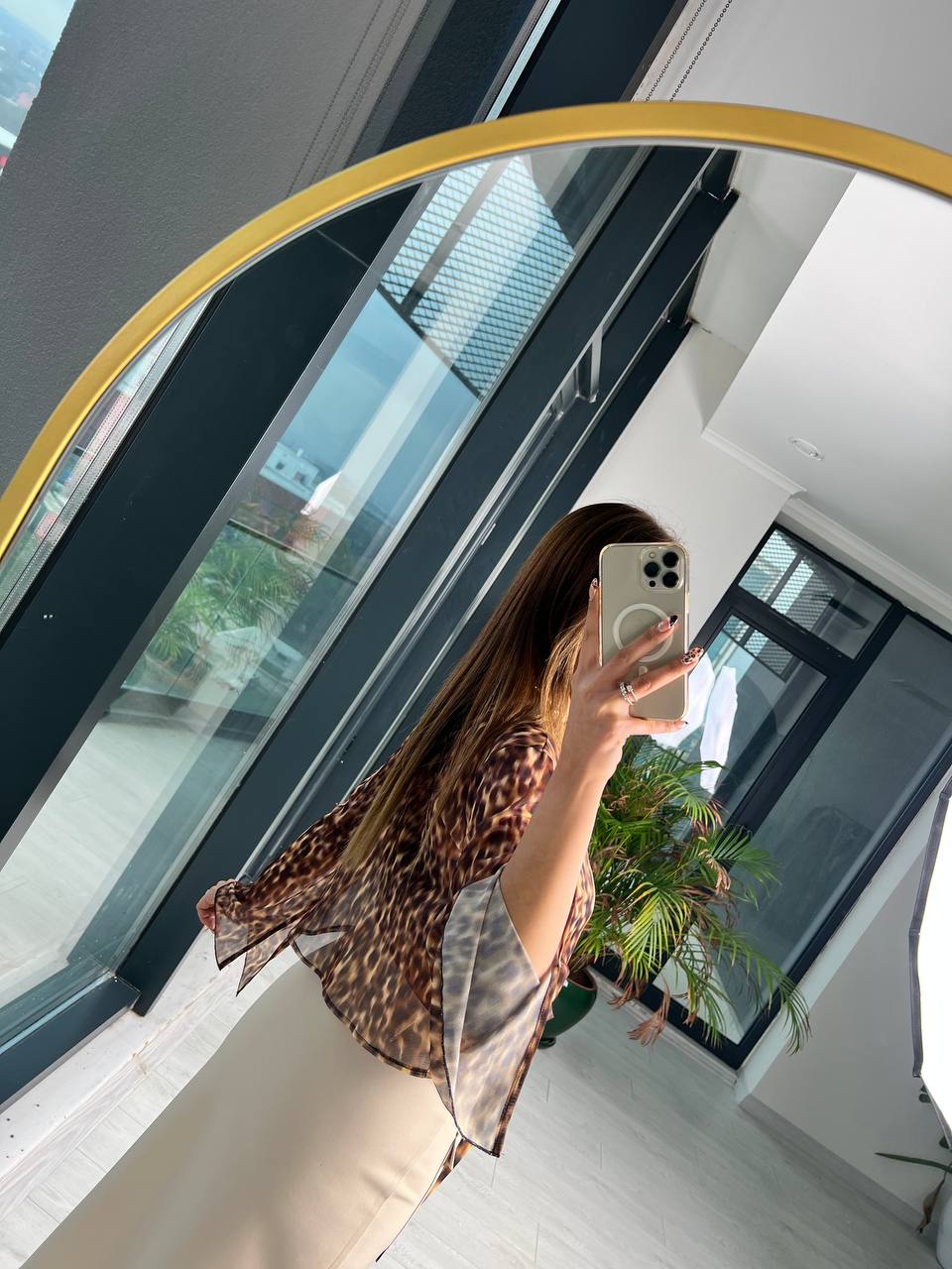 Leopar Desen Bağlamalı Tül Bluz