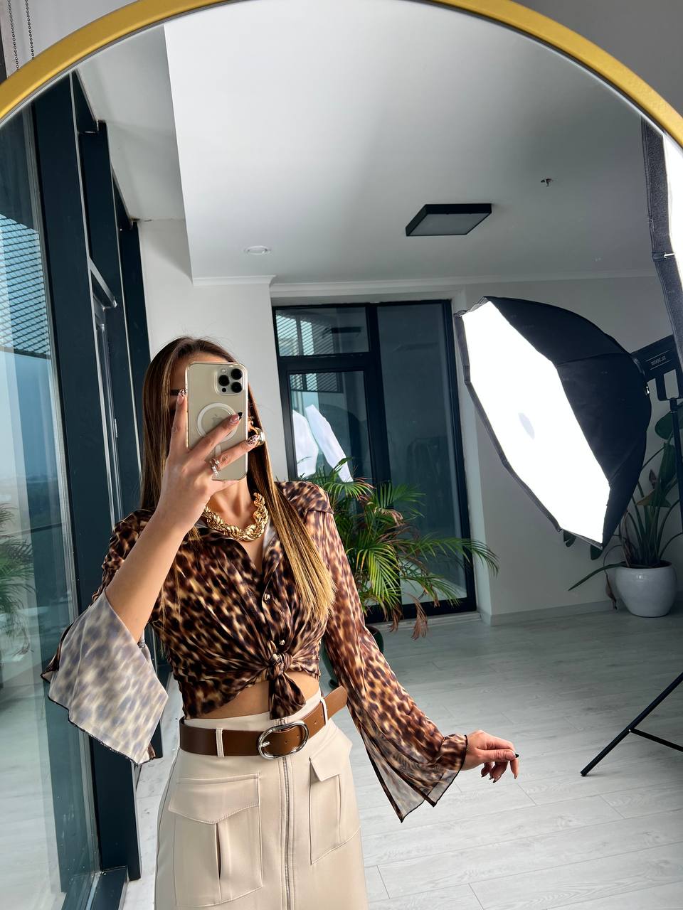 Leopar Desen Bağlamalı Tül Bluz