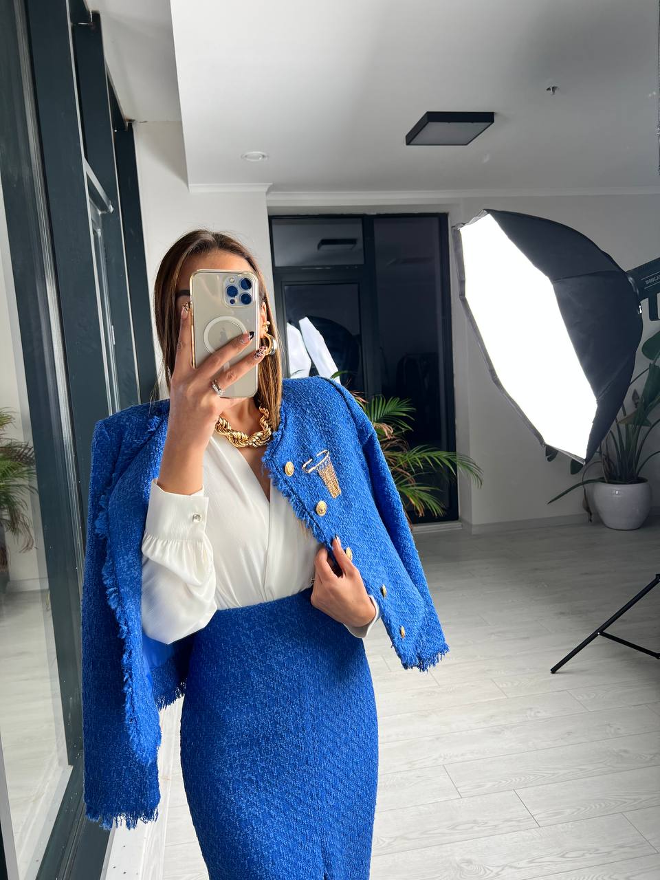 Saks Mavi Broş Detaylı Premium Etek Ceket Tuvid Takım