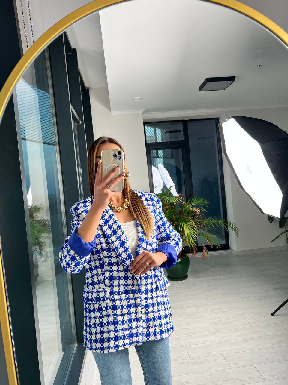 Saks mavi Ekose Astarlı Blazer Ceket