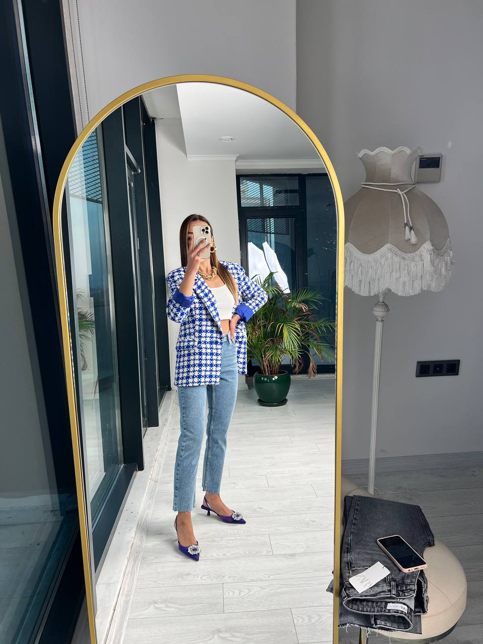 Saks mavi Ekose Astarlı Blazer Ceket