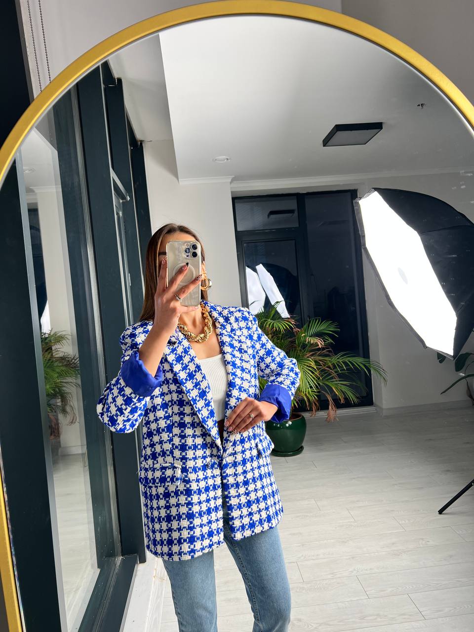 Saks mavi Ekose Astarlı Blazer Ceket