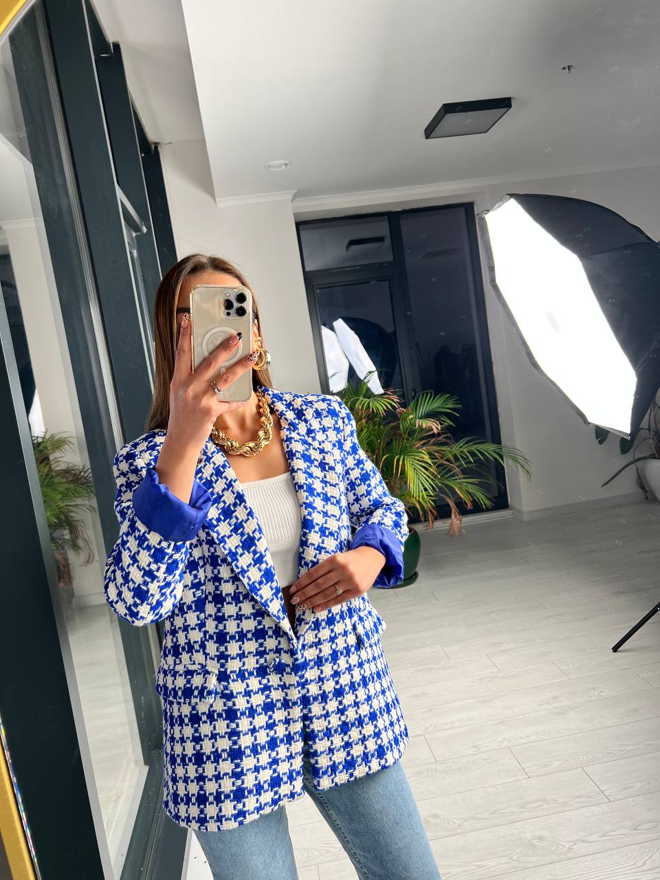 Saks mavi Ekose Astarlı Blazer Ceket
