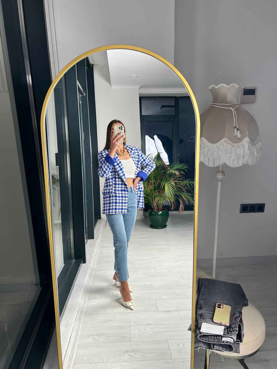 Saks mavi Ekose Astarlı Blazer Ceket