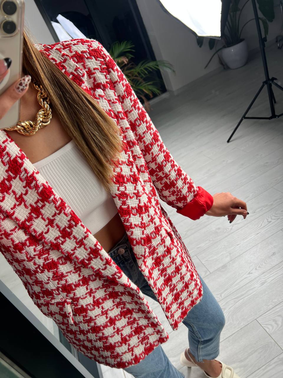 Kırmızı Ekose Astarlı Blazer Ceket