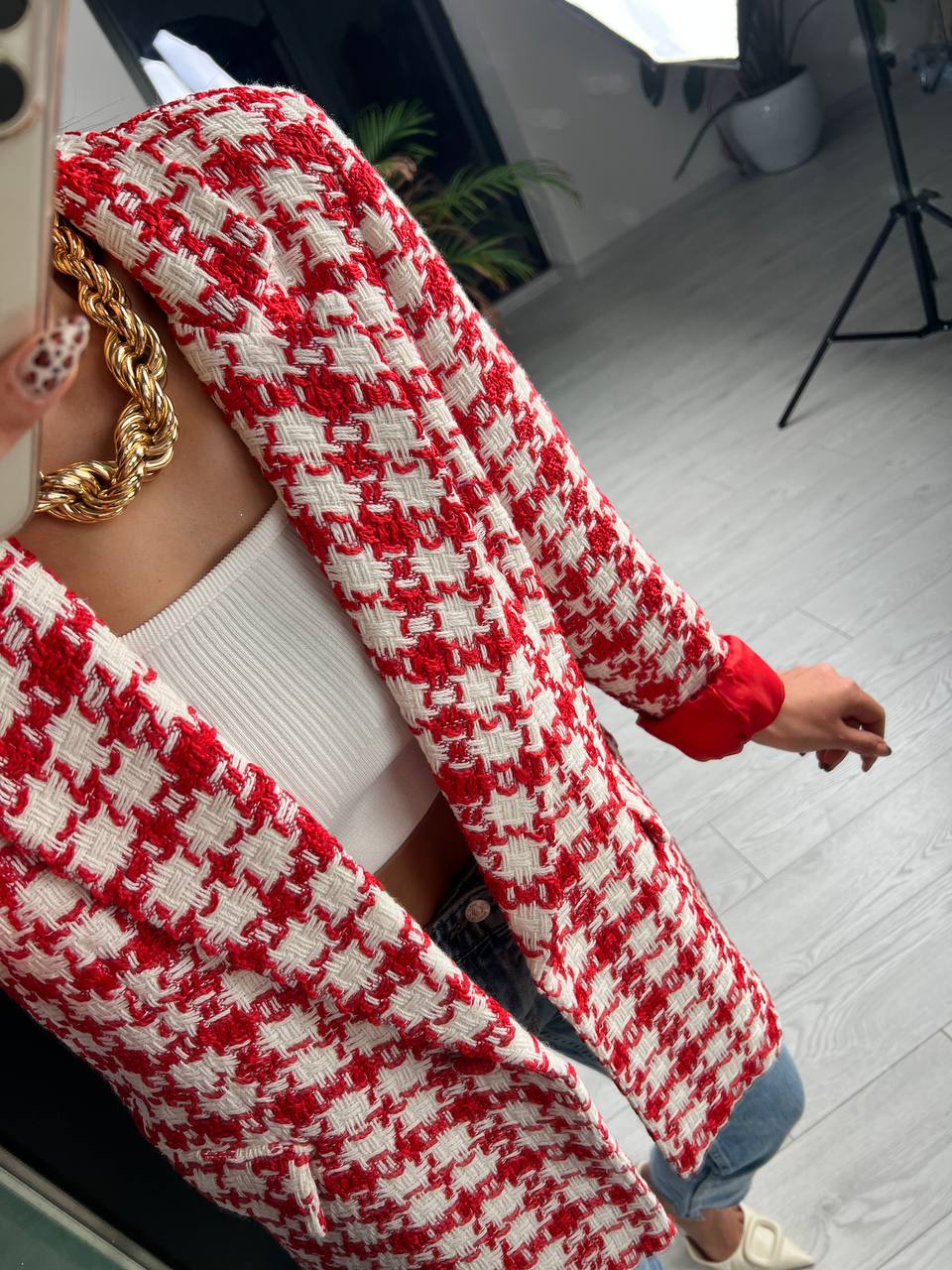 Kırmızı Ekose Astarlı Blazer Ceket
