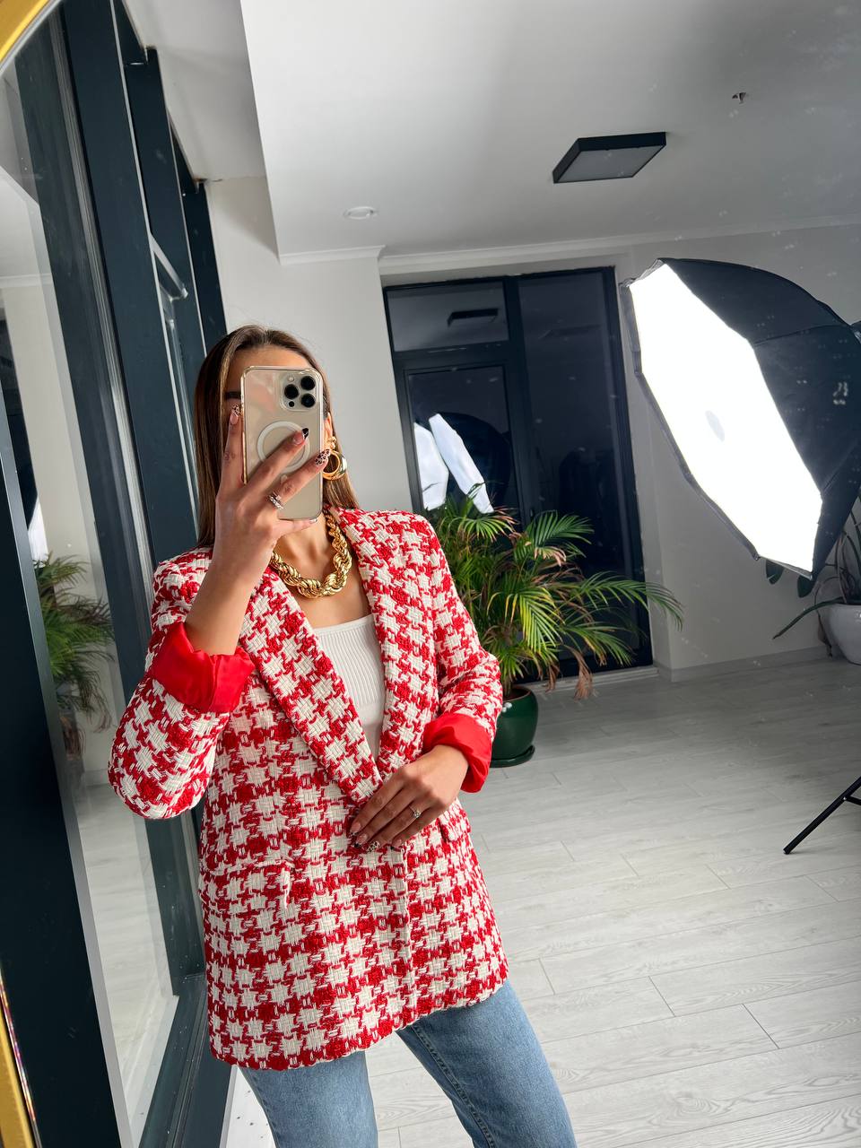 Kırmızı Ekose Astarlı Blazer Ceket