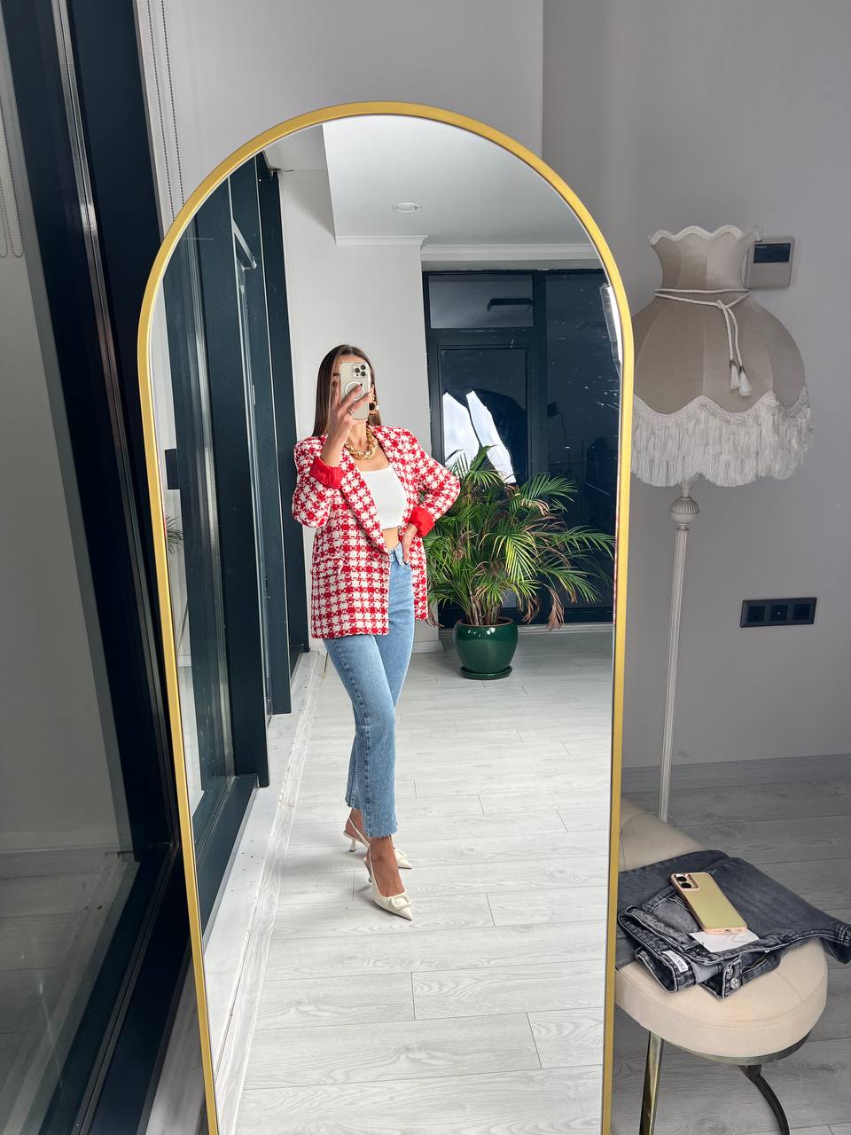 Kırmızı Ekose Astarlı Blazer Ceket