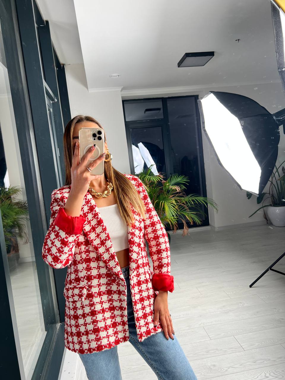Kırmızı Ekose Astarlı Blazer Ceket