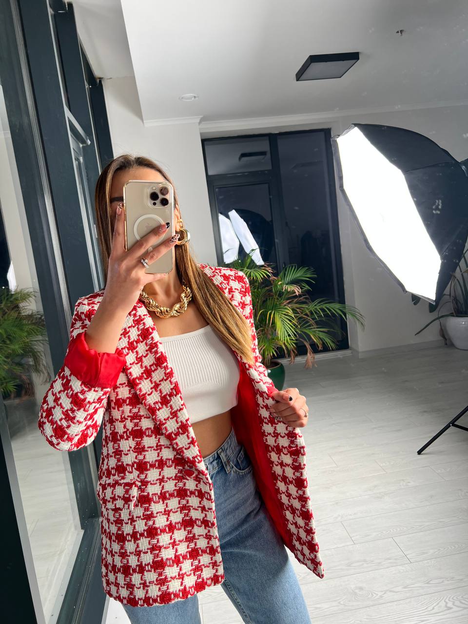 Kırmızı Ekose Astarlı Blazer Ceket