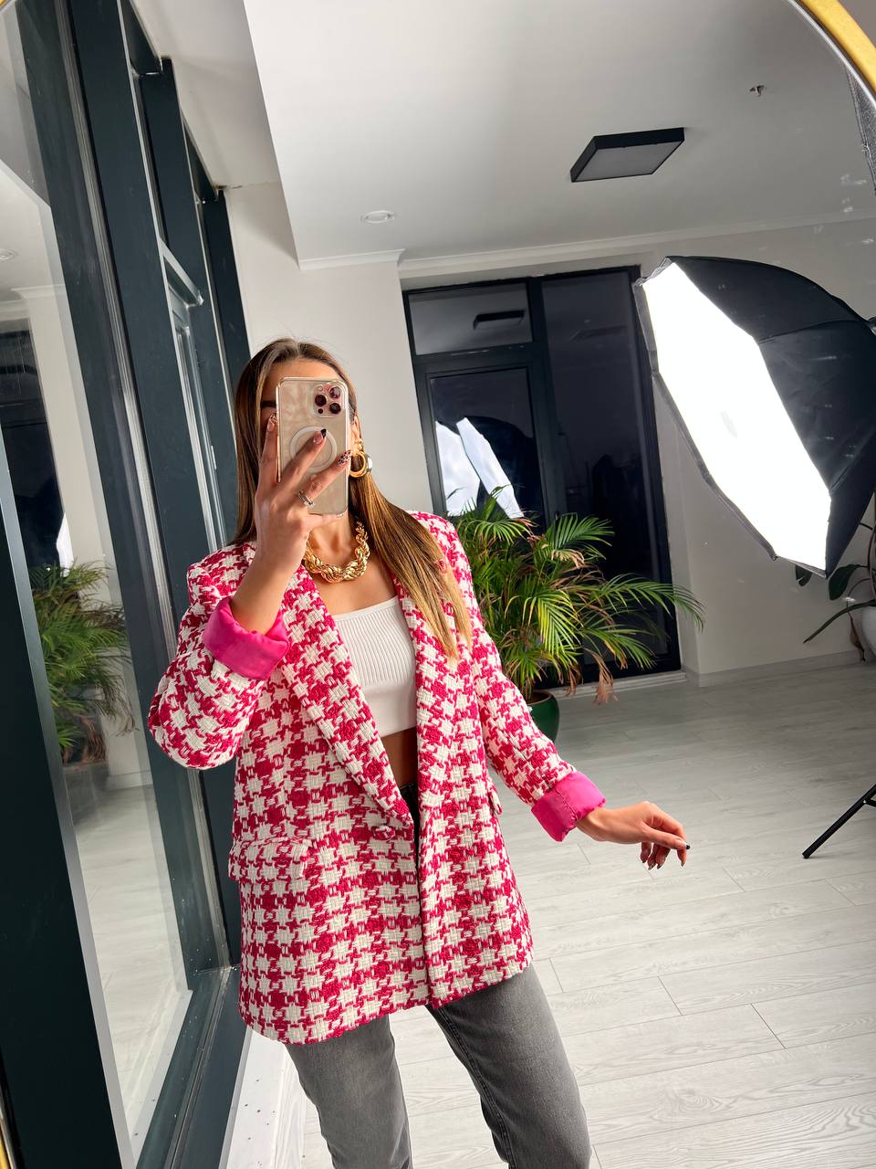 Fusya Ekose Astarlı Blazer Ceket