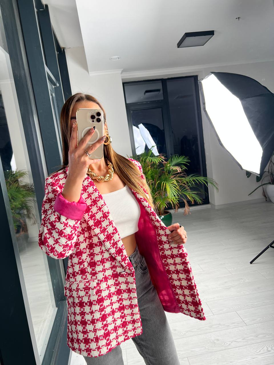 Fusya Ekose Astarlı Blazer Ceket