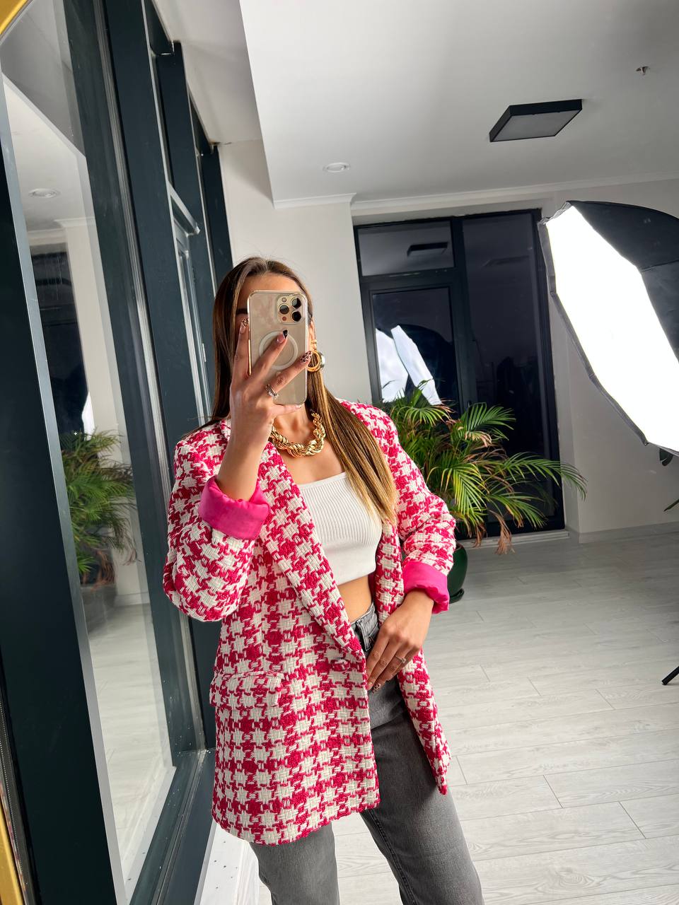 Fusya Ekose Astarlı Blazer Ceket