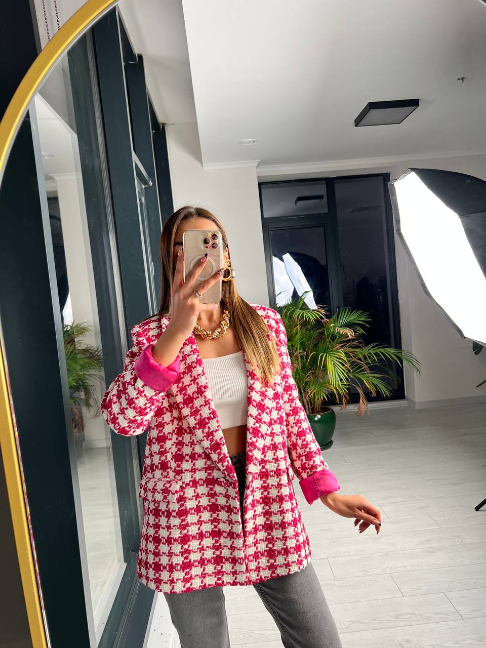 Fusya Ekose Astarlı Blazer Ceket