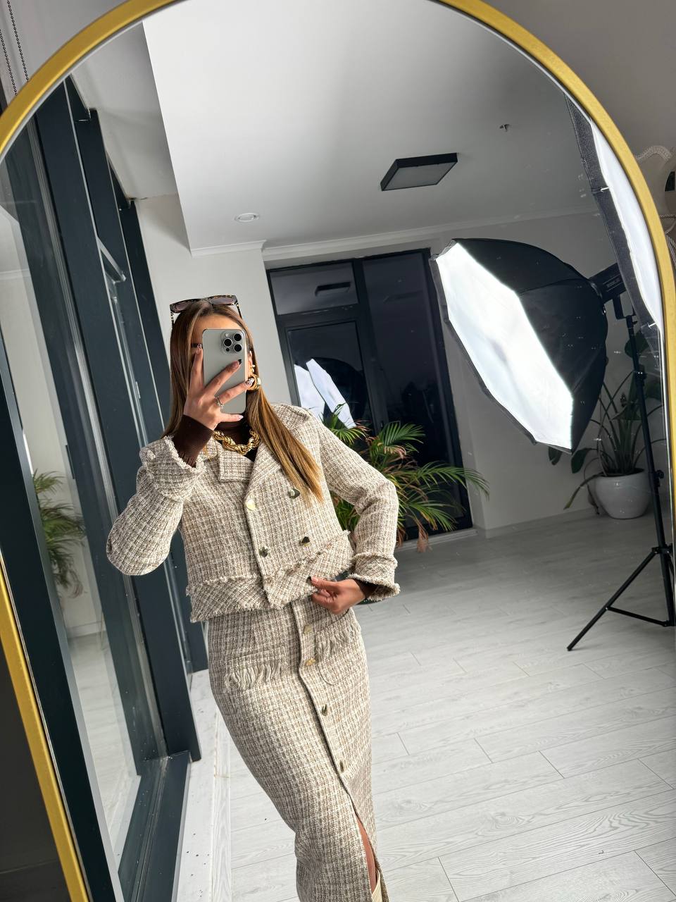 Camel Tasarım Etek Ceket Gold Düğme Tuvid Takım