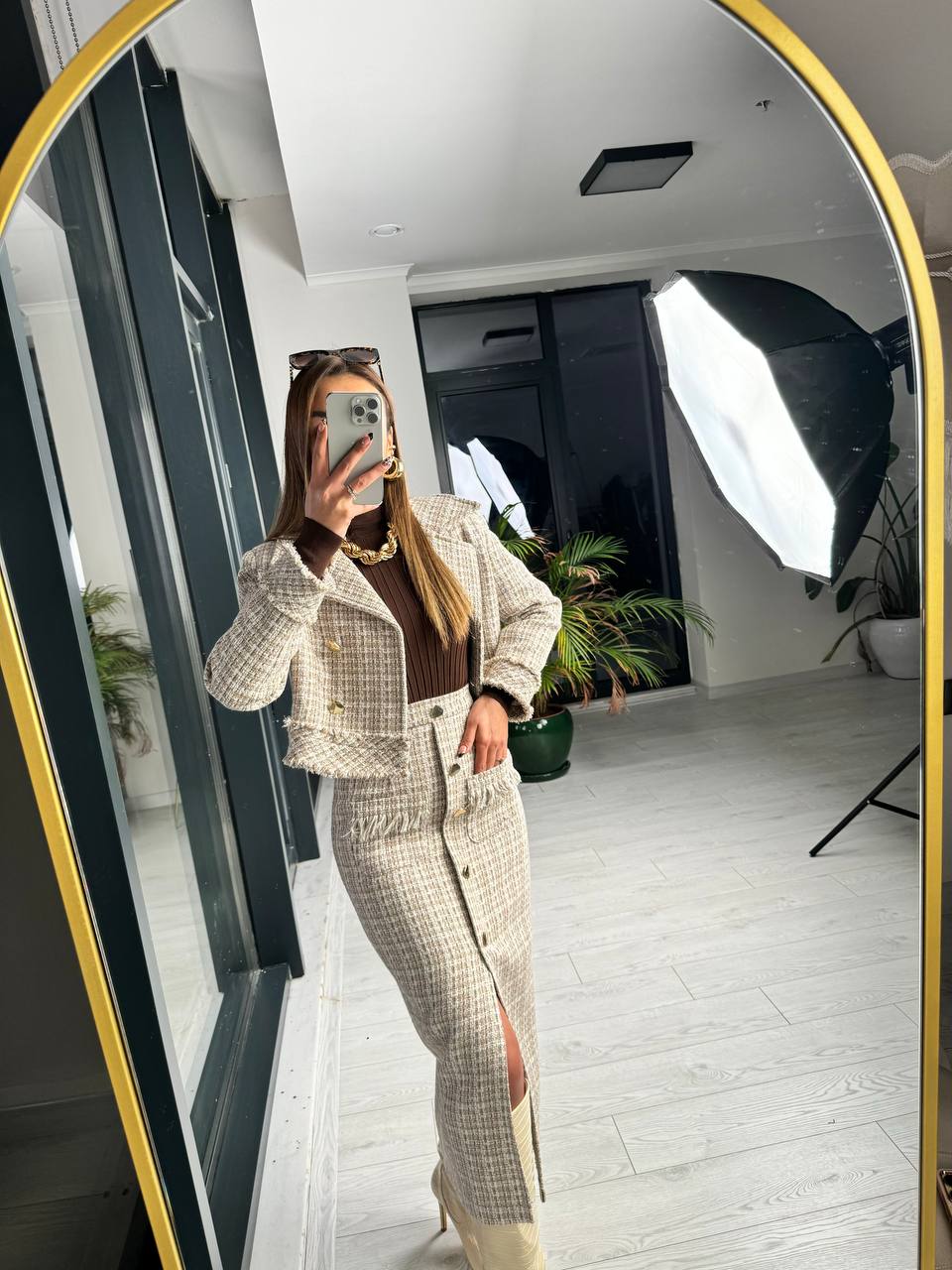 Camel Tasarım Etek Ceket Gold Düğme Tuvid Takım