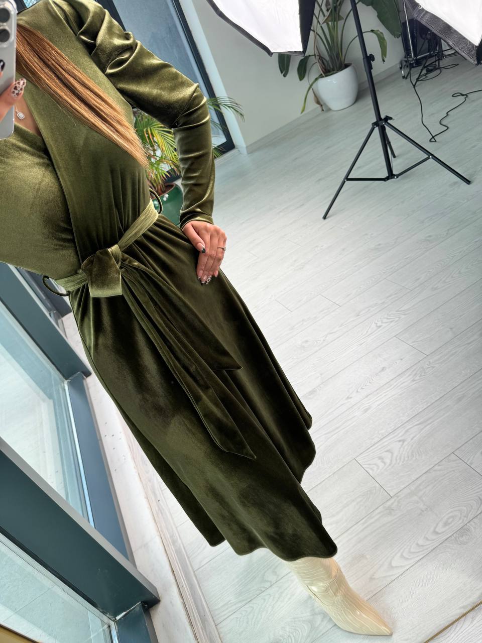 Yeşil Prenses Kol Kadife Kloş Elbise