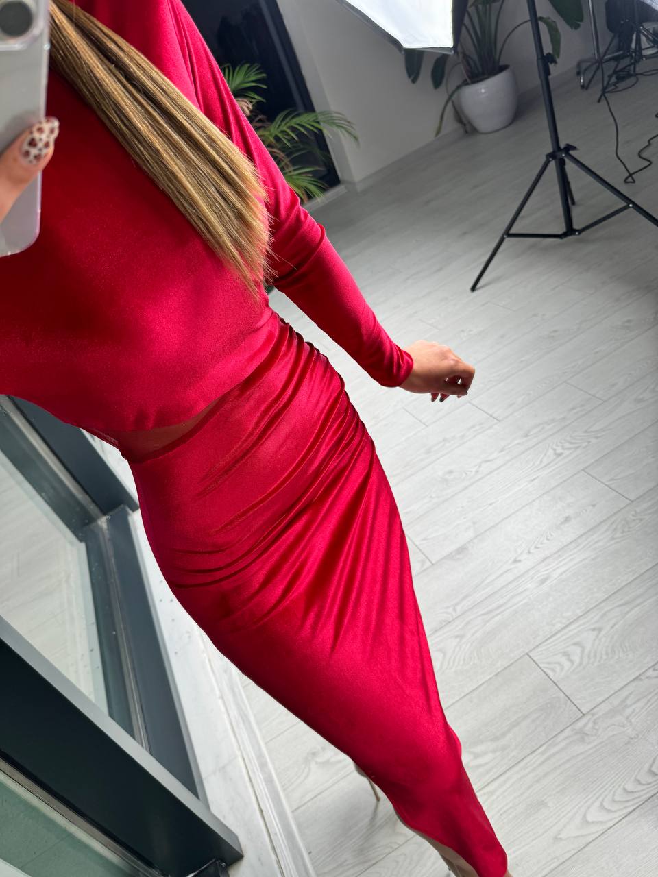 Kırmızı Bordo Vatkalı Yırtmaçlı Kalem Kadife Elbise