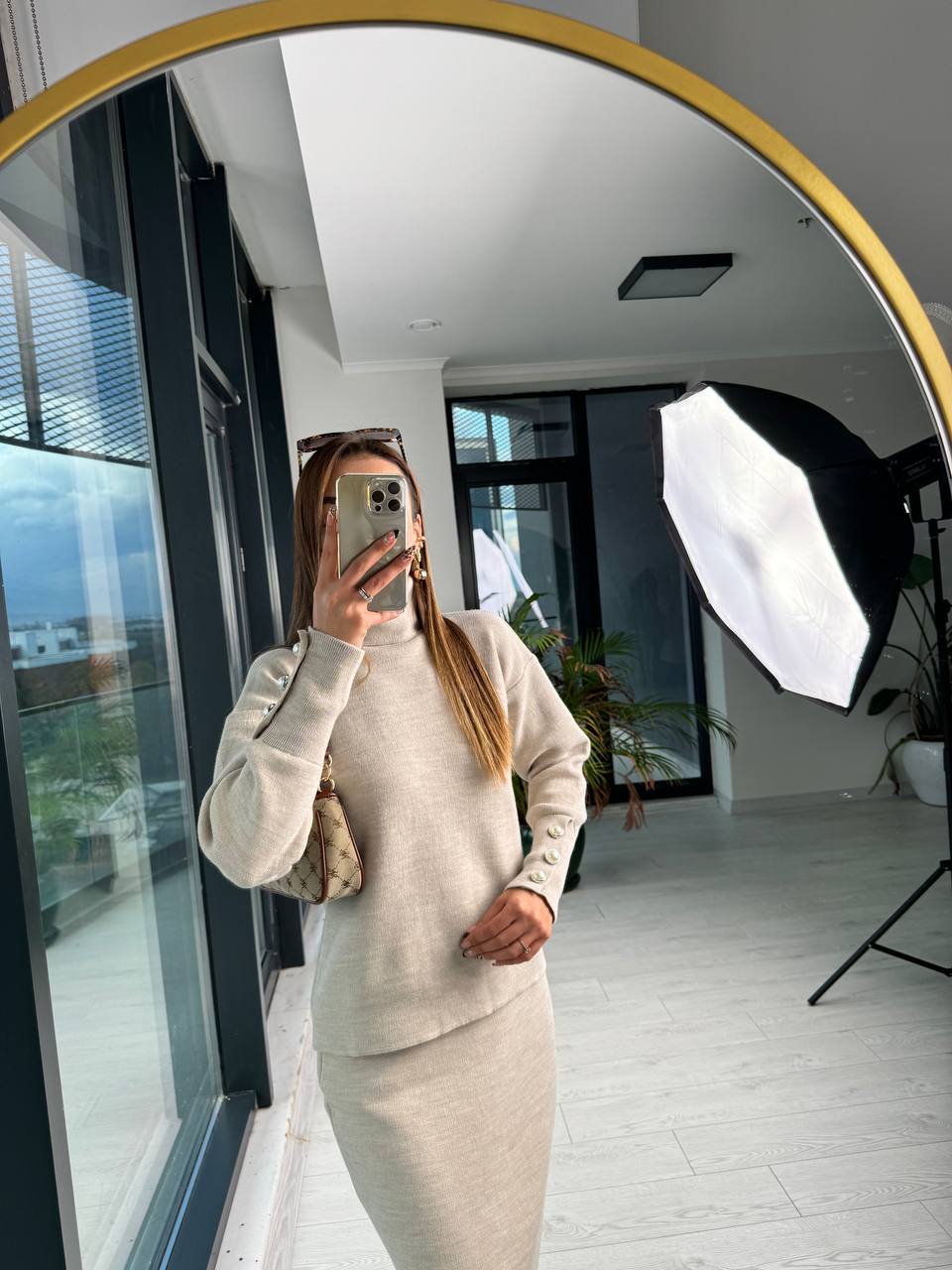 Lüks%20Kalite%20Taş%20rengi%20%20inci%20Detaylı%20Triko%20Etek%20Takım