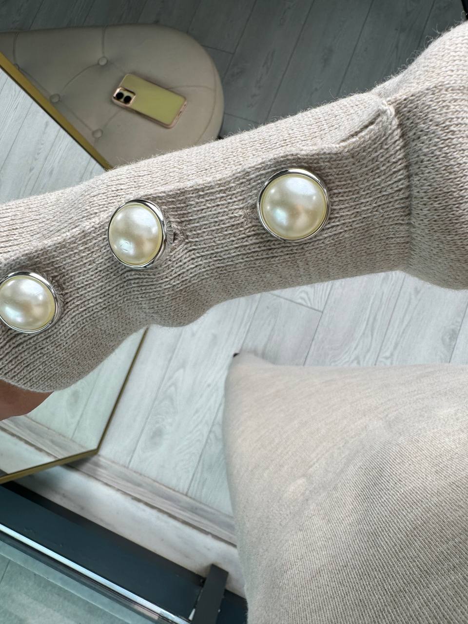 Lüks%20Kalite%20Taş%20rengi%20%20inci%20Detaylı%20Triko%20Etek%20Takım