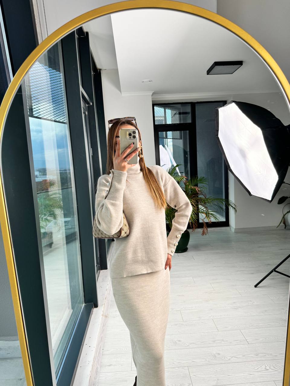 Lüks%20Kalite%20Taş%20rengi%20%20inci%20Detaylı%20Triko%20Etek%20Takım