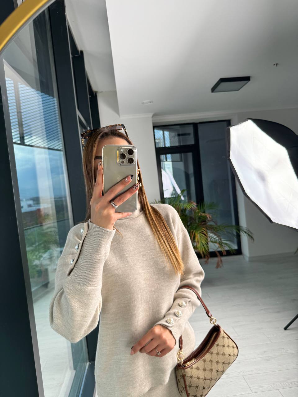 Lüks%20Kalite%20Taş%20rengi%20%20inci%20Detaylı%20Triko%20Etek%20Takım