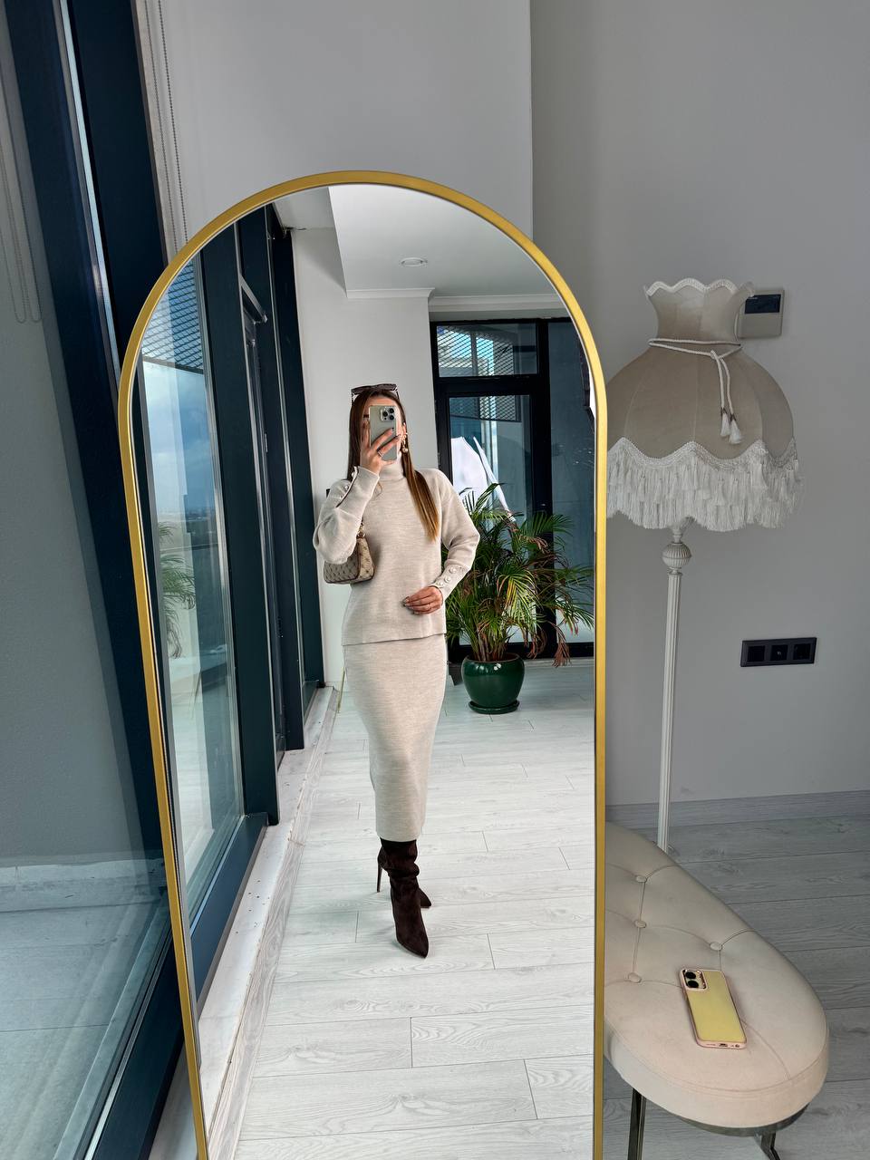 Lüks%20Kalite%20Taş%20rengi%20%20inci%20Detaylı%20Triko%20Etek%20Takım