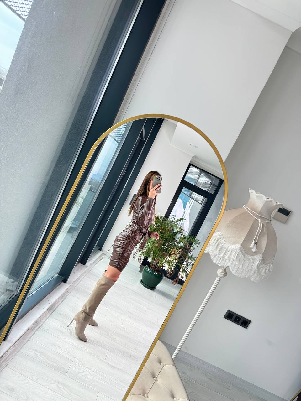 Koyu%20Kahve%20Drapeli%20Zara%20Model%20Deri%20Elbise