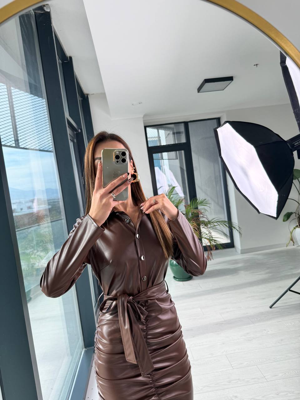 Koyu%20Kahve%20Drapeli%20Zara%20Model%20Deri%20Elbise