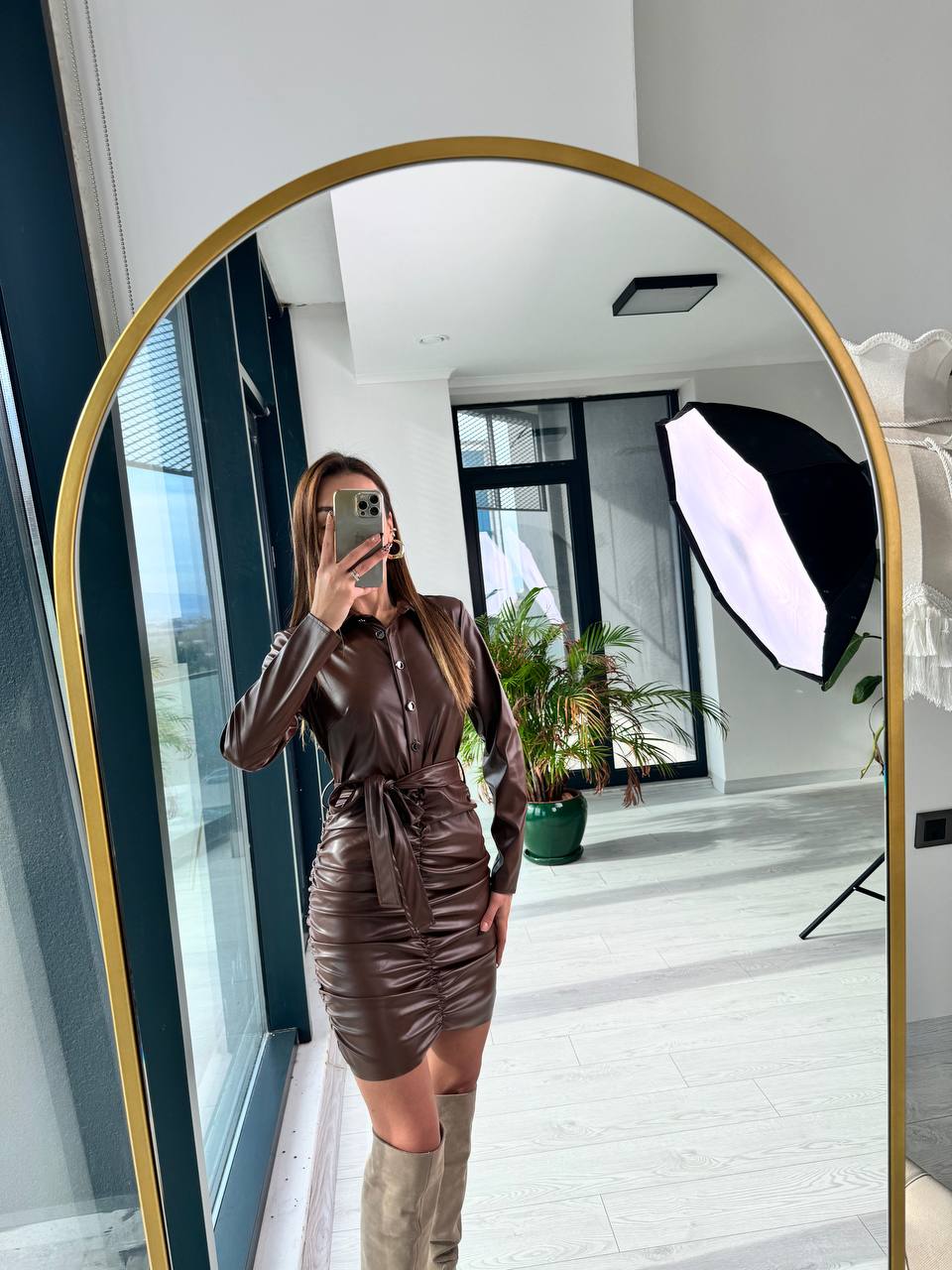 Koyu%20Kahve%20Drapeli%20Zara%20Model%20Deri%20Elbise