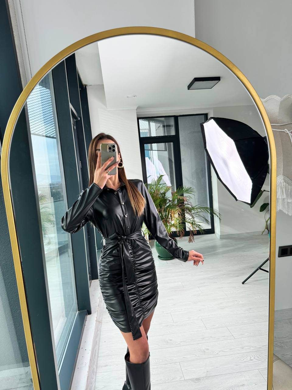 Siyah%20Drapeli%20Zara%20Model%20Deri%20Elbise