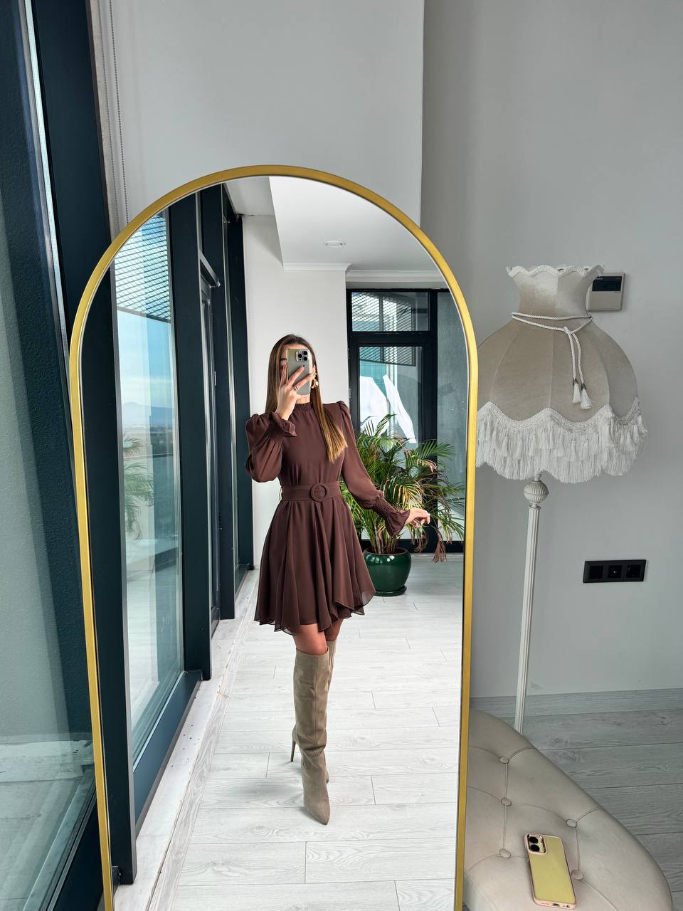 Kahverengi%20Astarlı%20Eteği%20Volanlı%20şifon%20Elbise