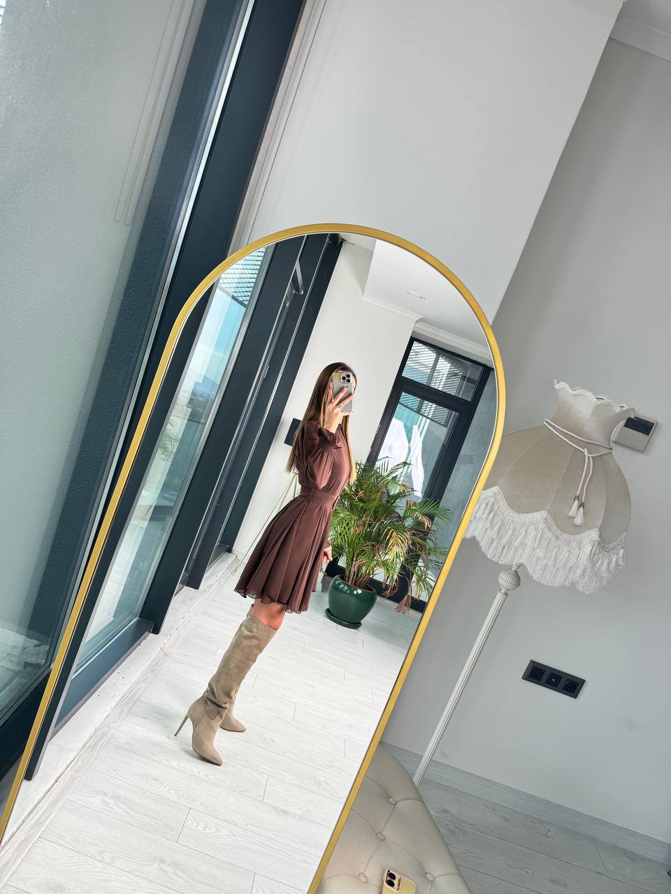Kahverengi%20Astarlı%20Eteği%20Volanlı%20şifon%20Elbise