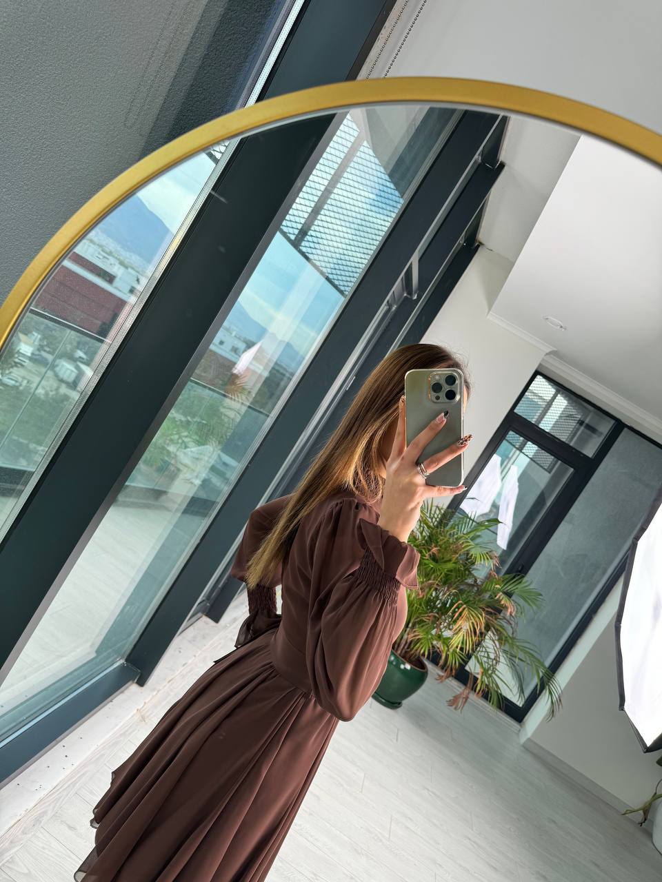Kahverengi%20Astarlı%20Eteği%20Volanlı%20şifon%20Elbise