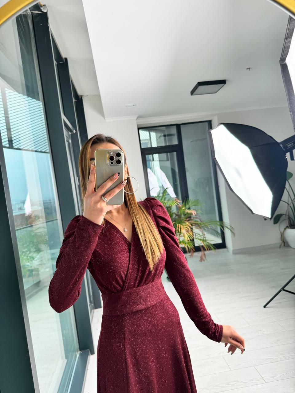 Bordo%20Parıltılı%20Kumaş%20Mini%20Astarlı%20Kloş%20Elbise