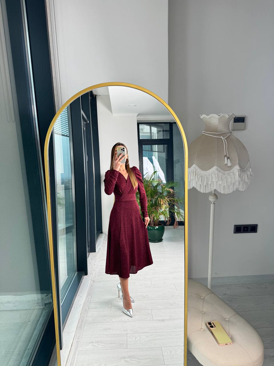 Bordo%20Parıltılı%20Kumaş%20Mini%20Astarlı%20Kloş%20Elbise