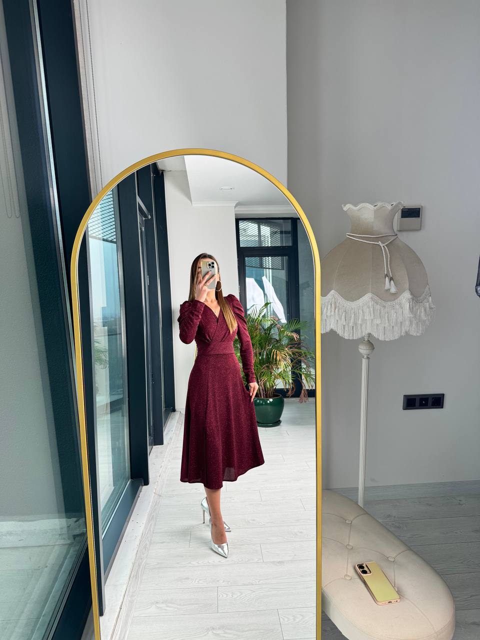 Bordo%20Parıltılı%20Kumaş%20Mini%20Astarlı%20Kloş%20Elbise
