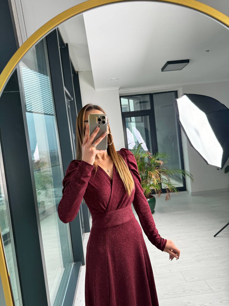 Bordo%20Parıltılı%20Kumaş%20Mini%20Astarlı%20Kloş%20Elbise