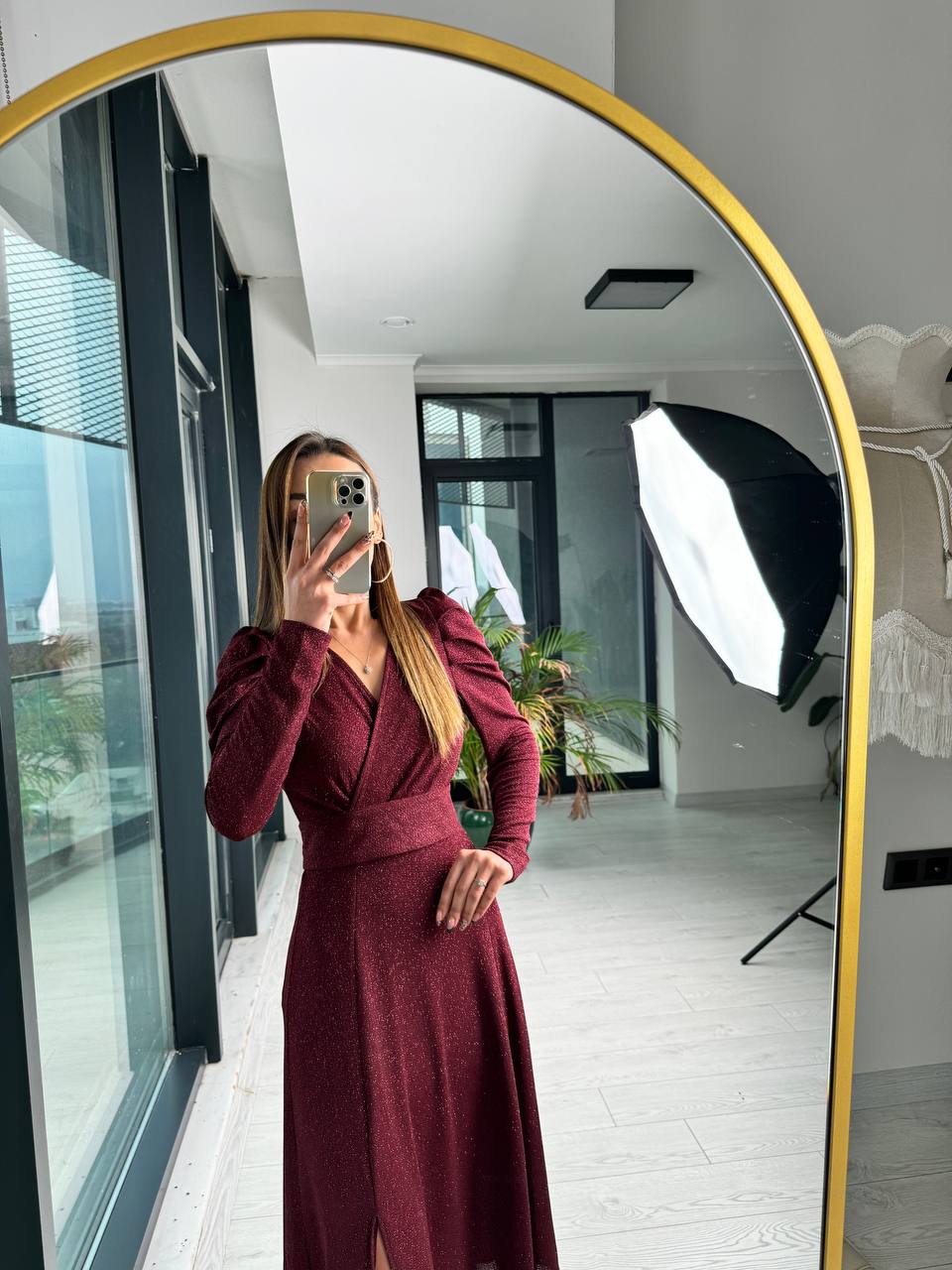 Bordo%20Parıltılı%20Kumaş%20Mini%20Astarlı%20Kloş%20Elbise