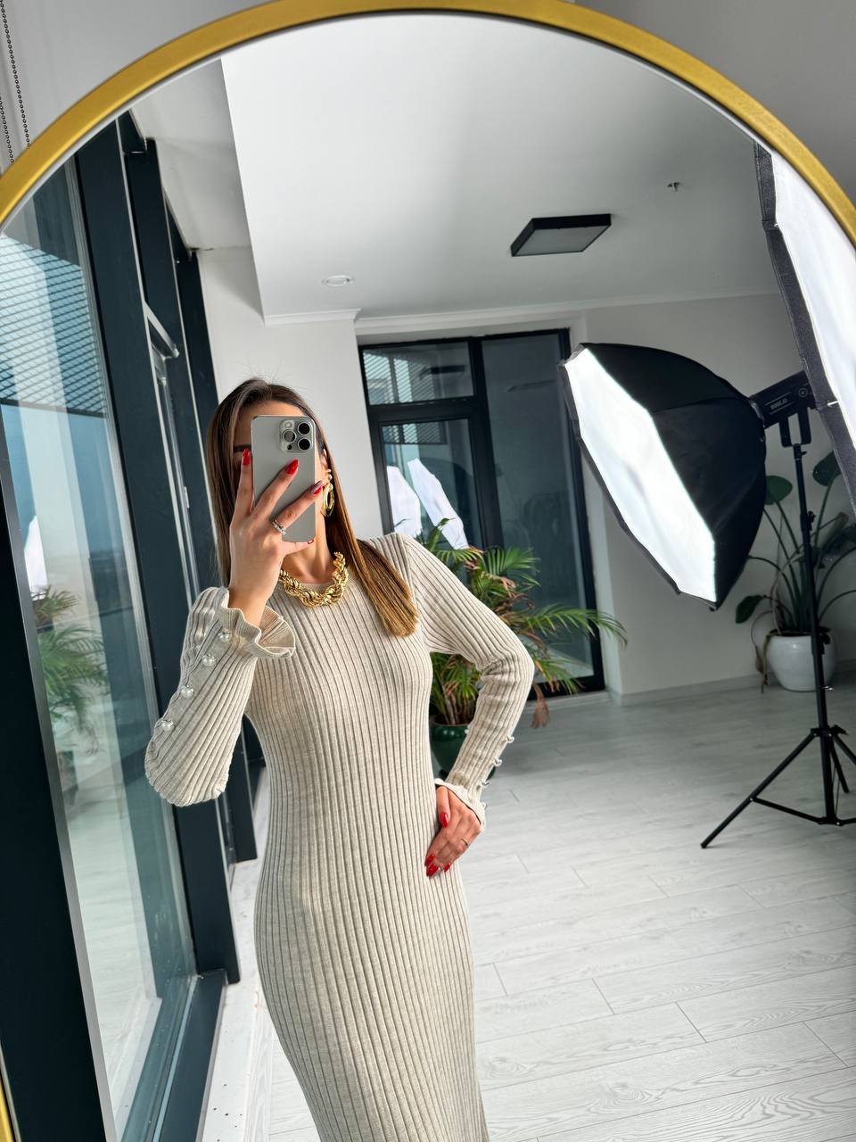 Taş%20Rengi%20inci%20Detaylı%20Lüks%20Kalite%20Triko%20Elbise