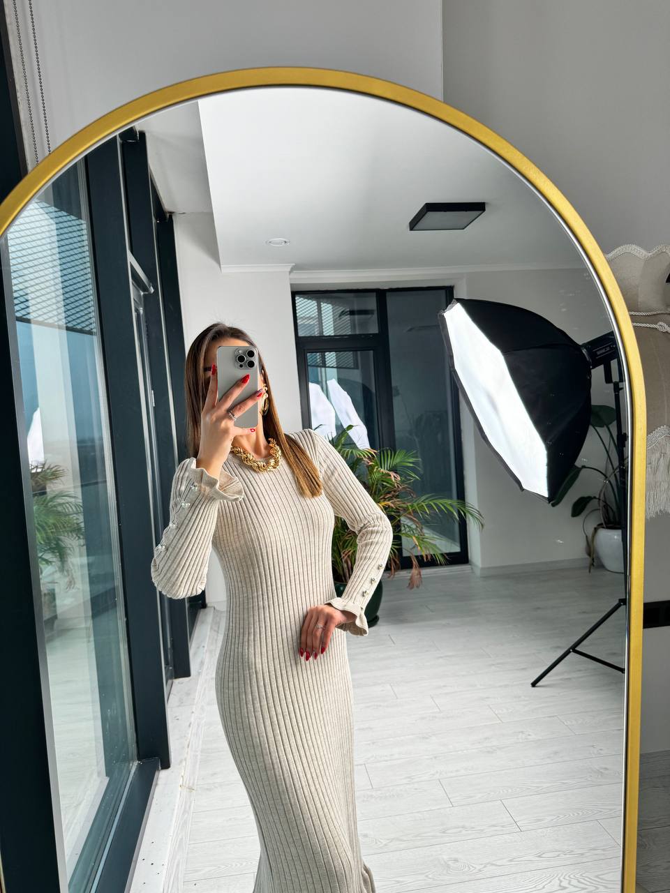 Taş%20Rengi%20inci%20Detaylı%20Lüks%20Kalite%20Triko%20Elbise